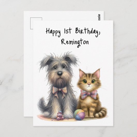 Schattigee hond en kat blij 1e verjaardag geperson briefkaart (Voorkant / Achterkant)