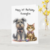 Schattigee hond en kat blij 1e verjaardag geperson kaart (Gele Bloem)