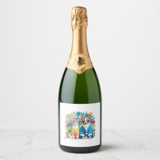 Schattigee hond en kat pasgetrouwden dragen Koreaa Sparkling Wijnetiket (Voorkant)