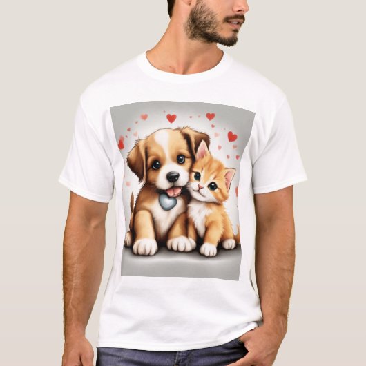 Schattigee hond en kat verliefd t-shirt (Voorkant)