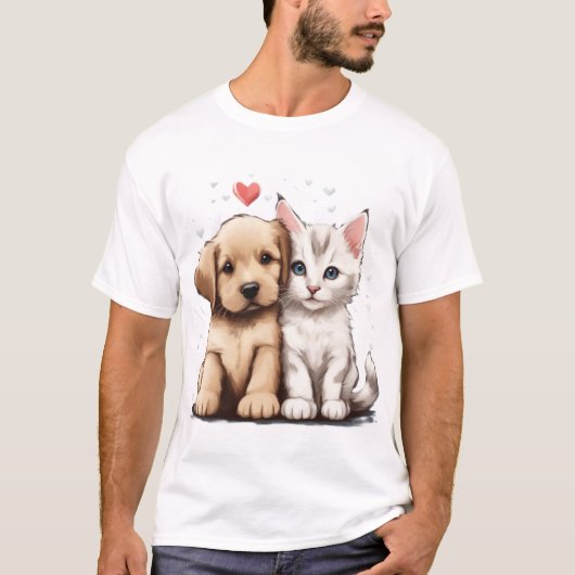 Schattigee hond en kat verliefd t-shirt (Voorkant)