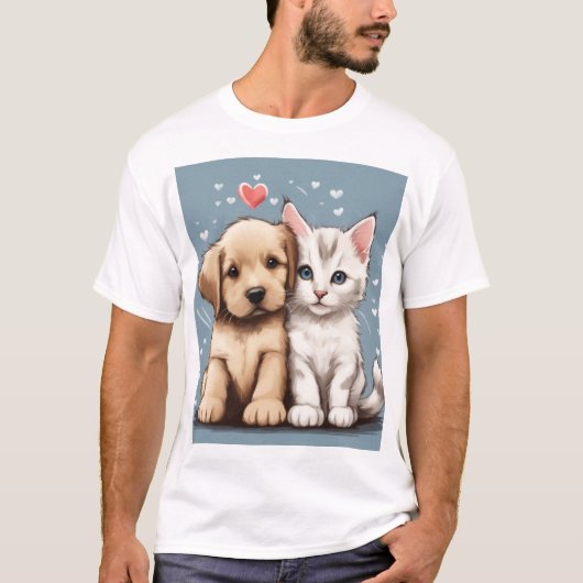 Schattigee hond en kat verliefd t-shirt (Voorkant)