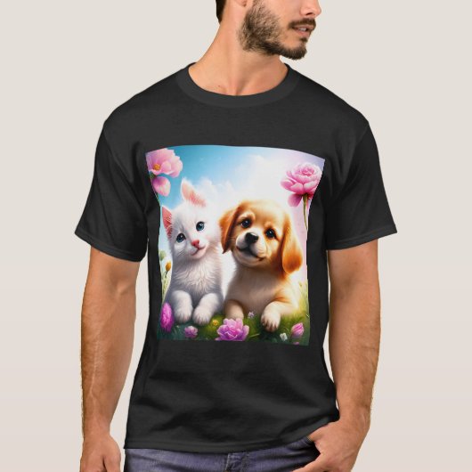 Schattigee hond en kat zijn goede vrienden t-shirt (Voorkant)