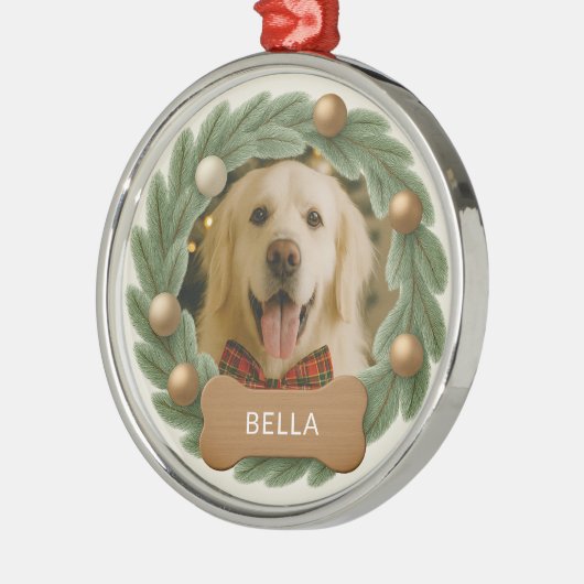 Schattigee Hond Foto Krans Naam Vakantie Kerstmis Metalen Ornament (Links)
