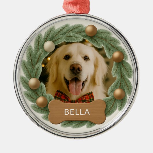 Schattigee Hond Foto Krans Naam Vakantie Kerstmis Metalen Ornament (Voorkant)