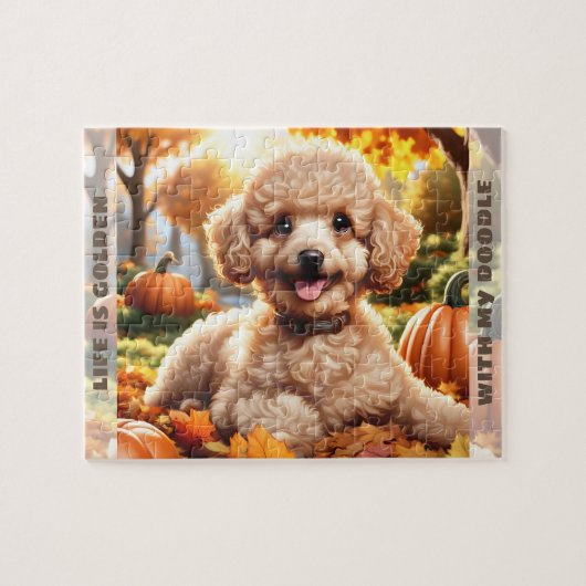Schattigee Hond Goldendoodle Puppy Herfst Pompoen Legpuzzel (Horizontaal)