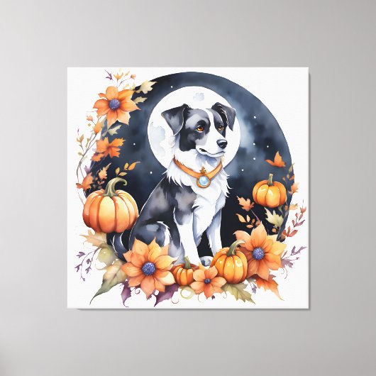 Schattigee Hond Halloween Bloemen Moon Canine Love Canvas Afdruk (Voorkant)