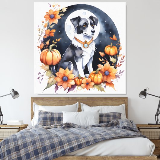 Schattigee Hond Halloween Bloemen Moon Canine Love Canvas Afdruk (Insitu (Slaapkamer))