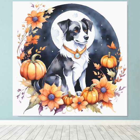 Schattigee Hond Halloween Bloemen Moon Canine Love Canvas Afdruk (Insitu (Houten vloer))