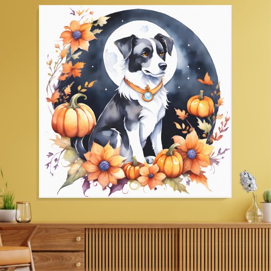 Schattigee Hond Halloween Bloemen Moon Canine Love Canvas Afdruk (Insitu (Woonkamer))