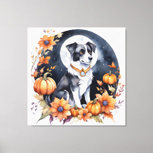 Schattigee Hond Halloween Bloemen Moon Canine Love Canvas Afdruk