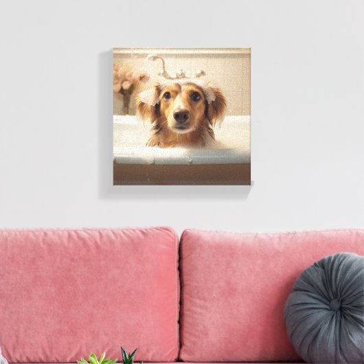 Schattigee hond in bad, ideaal voor badkamer canvas afdruk (Insitu (Woonkamer))