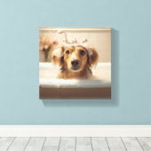 Schattigee hond in bad, ideaal voor badkamer canvas afdruk (Insitu (Houten vloer))