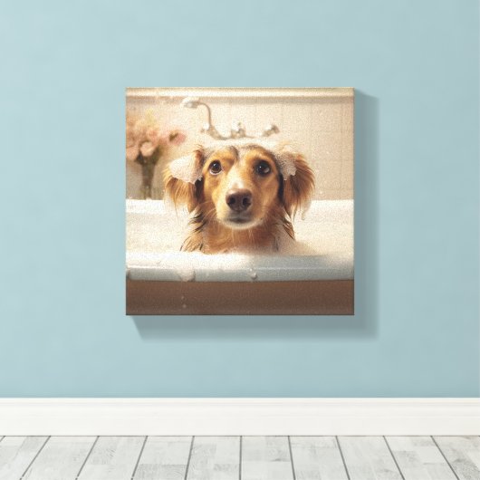 Schattigee hond in bad, ideaal voor badkamer canvas afdruk (Insitu (Houten vloer))