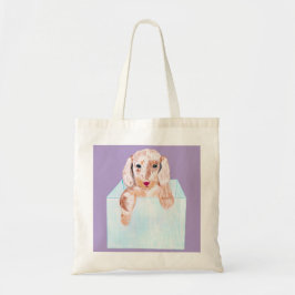 Schattigee hond in een blauwe doos tote bag