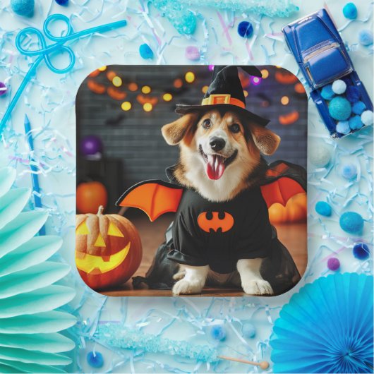 Schattigee hond in een Halloween kostuum Papieren Bordje (Feest)