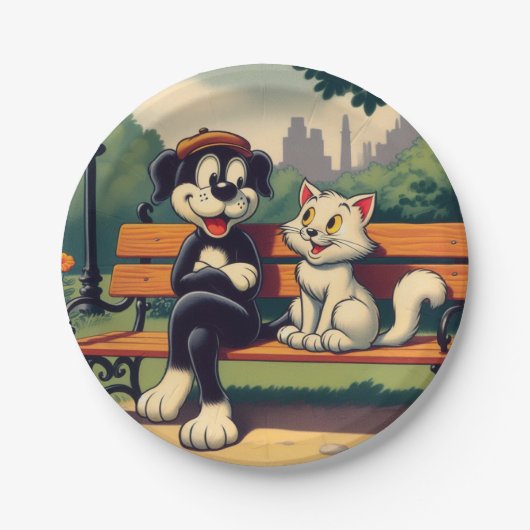 Schattigee, hond/kat cartoon papieren bordje (Voorkant)