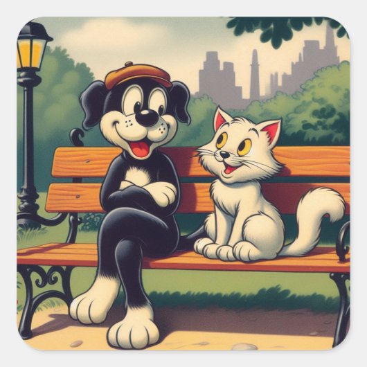 Schattigee,  hond/kat cartoon vierkante sticker (Voorkant)
