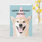 Schattigee Hond Kawaii Glimlachend Shibu Inu Blue  Kaart (Gele Bloem)