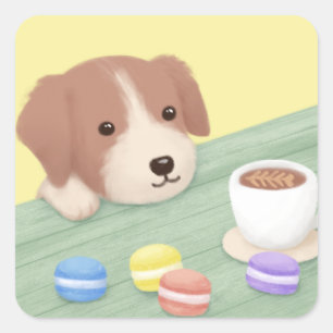 Schattigee Hond, Koffie, en Macarons Illustratieku Vierkante Sticker