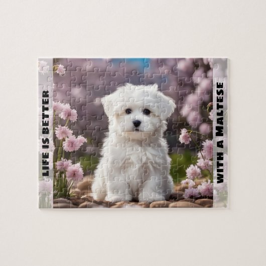 Schattigee Hond Maltese Puppy Spring Floral Custom Legpuzzel (Horizontaal)