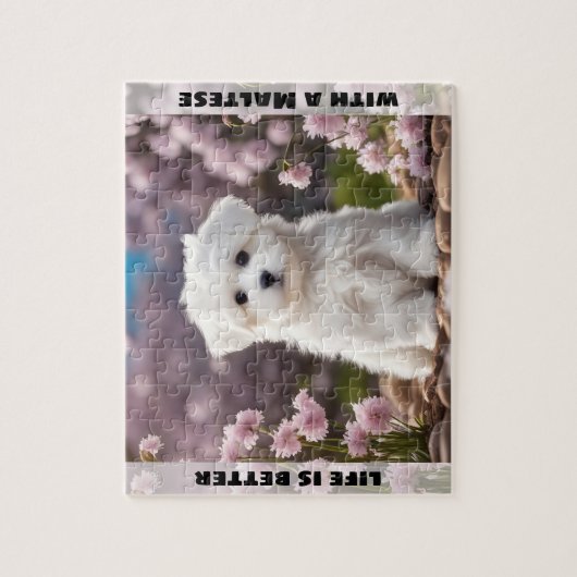 Schattigee Hond Maltese Puppy Spring Floral Custom Legpuzzel (Verticaal)