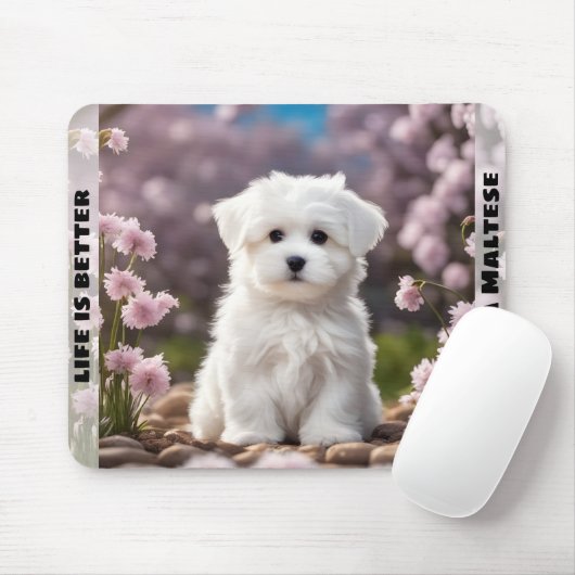 Schattigee Hond Maltese Puppy Spring Floral Custom Muismat (Met muis)