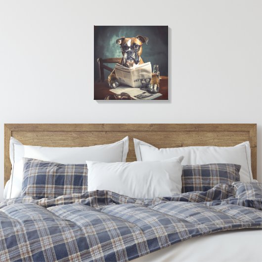 Schattigee hond met bril leest krant canvas afdruk (Insitu (Slaapkamer))