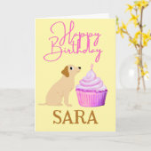 SCHATTIGEE HOND MET CUPCAKE VERJAARDAG KAART (Gele Bloem)