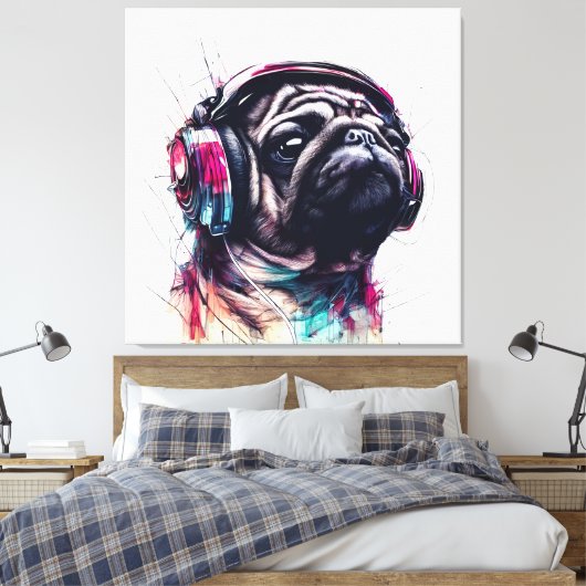 Schattigee Hond met Hoofdtelefoon waterkleurillust Canvas Afdruk (Insitu (Slaapkamer))