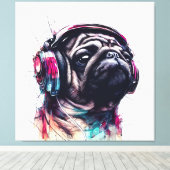 Schattigee Hond met Hoofdtelefoon waterkleurillust Canvas Afdruk (Insitu (Houten vloer))