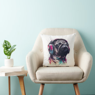 Schattigee Hond met Hoofdtelefoon waterkleurillust Kussen