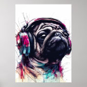 Schattigee Hond met Hoofdtelefoon waterkleurillust Poster (Voorkant)