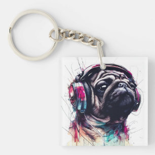 Schattigee Hond met Hoofdtelefoon waterkleurillust Sleutelhanger