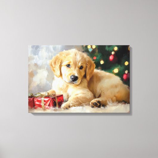 Schattigee hond met kerstcadeaus als schilderij canvas afdruk (Voorkant)