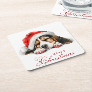 Schattigee hond met kerstmuts vrolijk kerstfeest kartonnen onderzetters