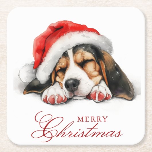 Schattigee hond met kerstmuts vrolijk kerstfeest kartonnen onderzetters (Voorkant)