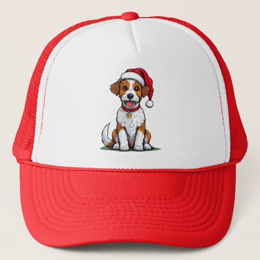 Schattigee hond met kerstmuts zitten en glimlachen trucker pet (Voorkant)