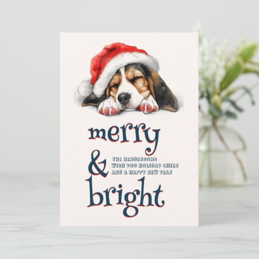 Schattigee hond met Santa Hat vrolijk en helder Feestdagenkaart (Staand voorkant)