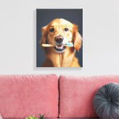 Schattigee hond met tandenborstel ideaal voor badk canvas afdruk (Insitu (Woonkamer))