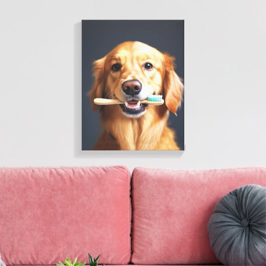 Schattigee hond met tandenborstel ideaal voor badk canvas afdruk (Insitu (Woonkamer))