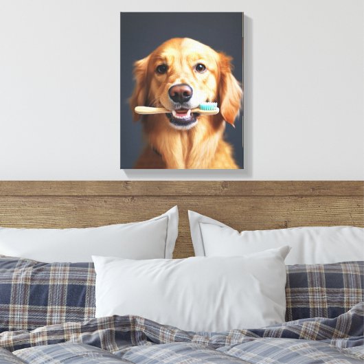 Schattigee hond met tandenborstel ideaal voor badk canvas afdruk (Insitu (Slaapkamer))