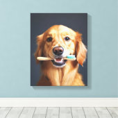 Schattigee hond met tandenborstel ideaal voor badk canvas afdruk (Insitu (Houten vloer))