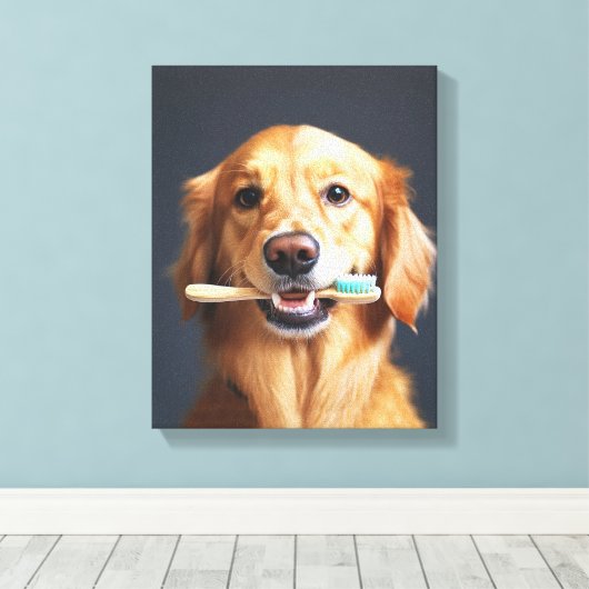 Schattigee hond met tandenborstel ideaal voor badk canvas afdruk (Insitu (Houten vloer))
