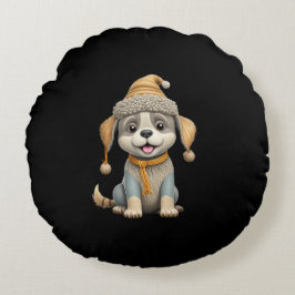 Schattigee hond met winterkleding rond kussen