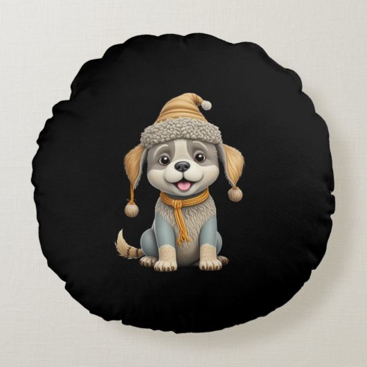 Schattigee hond met winterkleding rond kussen (Voorkant)
