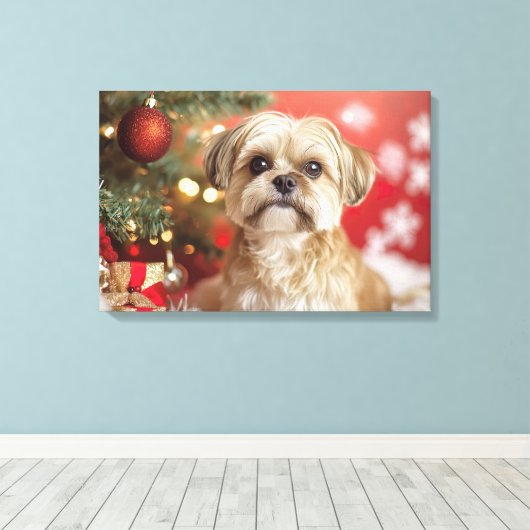 Schattigee hond naast de kerstboom canvas afdruk (Insitu (Houten vloer))
