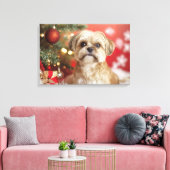 Schattigee hond naast de kerstboom canvas afdruk (Insitu (Woonkamer))