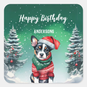 Schattigee Hond Puppy Kerstboom verjaardagsfeestje Vierkante Sticker