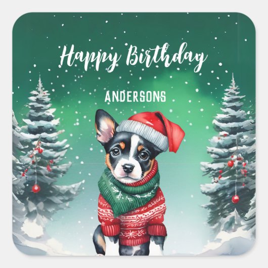 Schattigee Hond Puppy Kerstboom verjaardagsfeestje Vierkante Sticker (Voorkant)